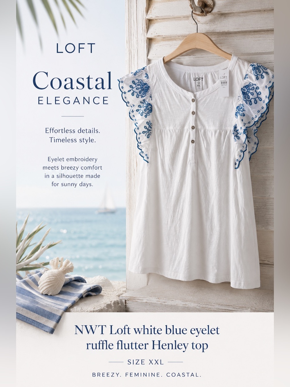 NWT Loft white blue eyelet ruffle flutter Henley top size XXL